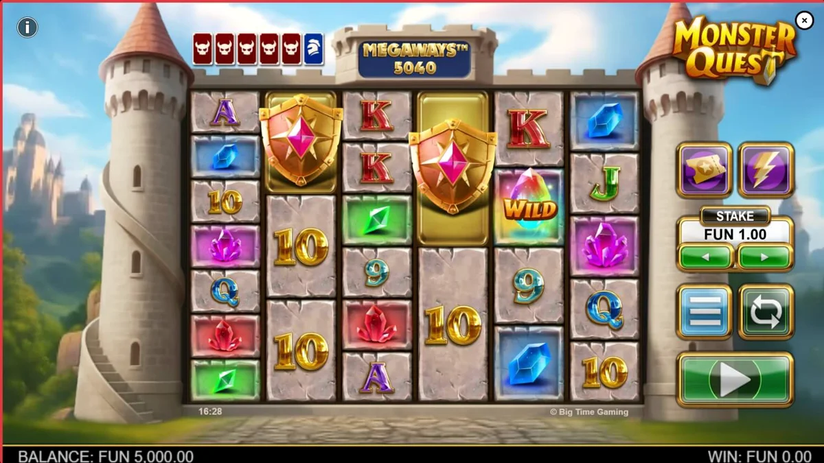 Tampilan visual slot Monster Quest dengan tema kastil abad pertengahan dan ksatria.