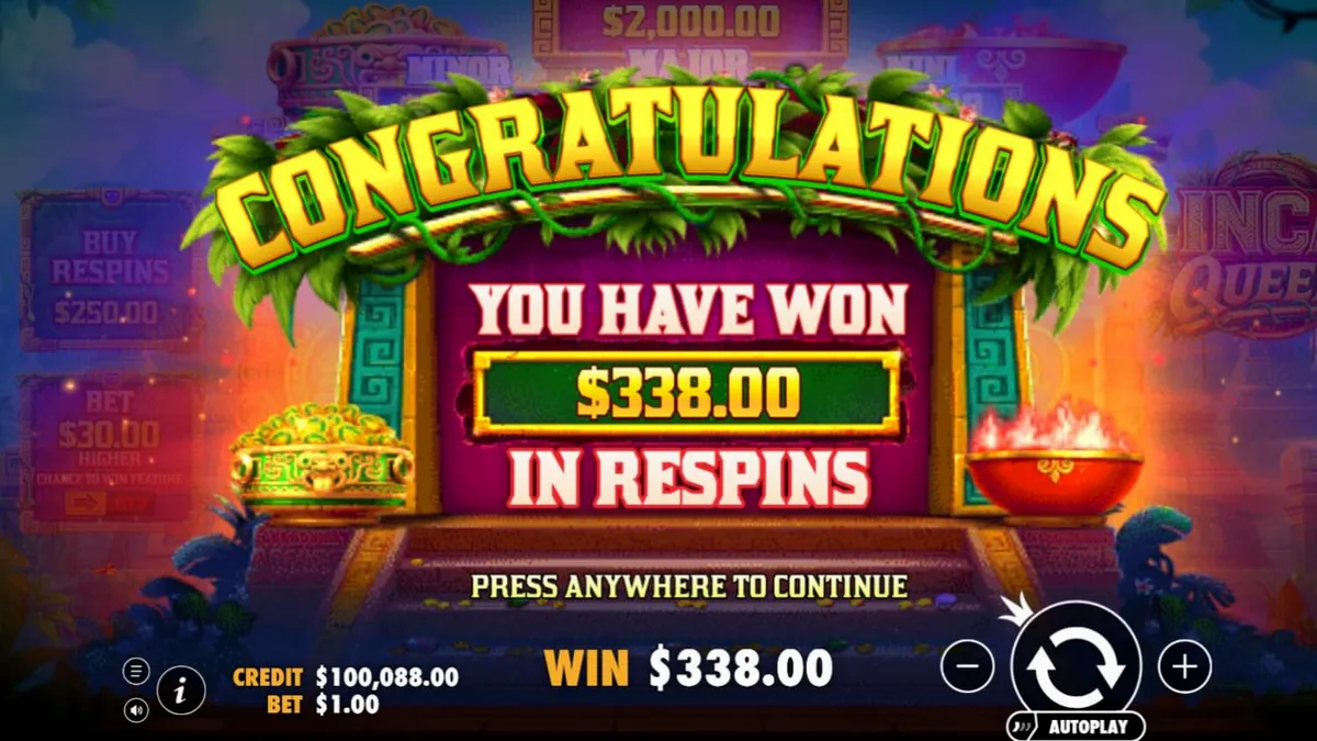 Inca Queen slot machine interface with Incan temple background