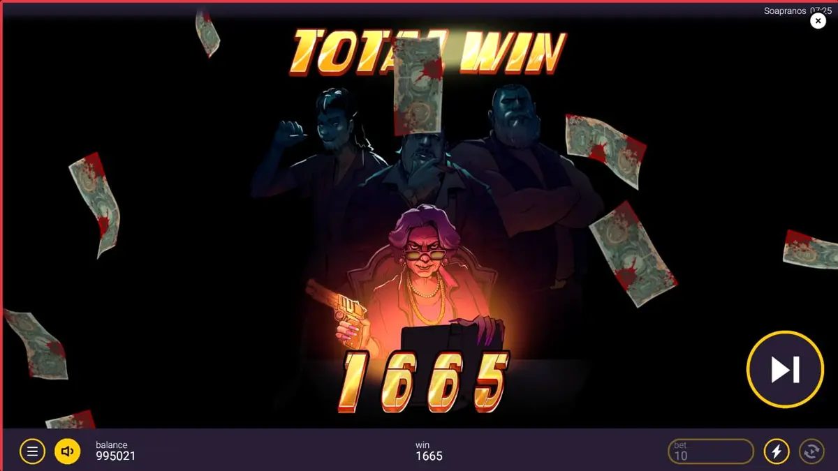 Tampilan layar permainan slot The Soapranos dengan tema mafia dan binatu.