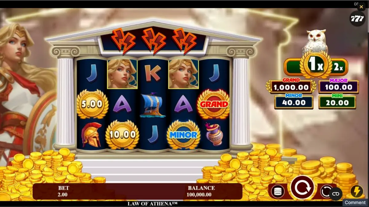 Tampilan layar slot Law of Athena dengan dewi Athena dan gulungan bertema Yunani kuno.